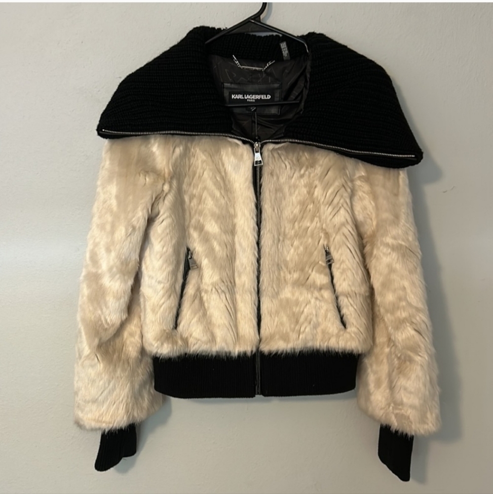 NWT Karl Lagerfeld Paris Sweater Knit Collared Faux Mink Fur Teddy Coat Jacket